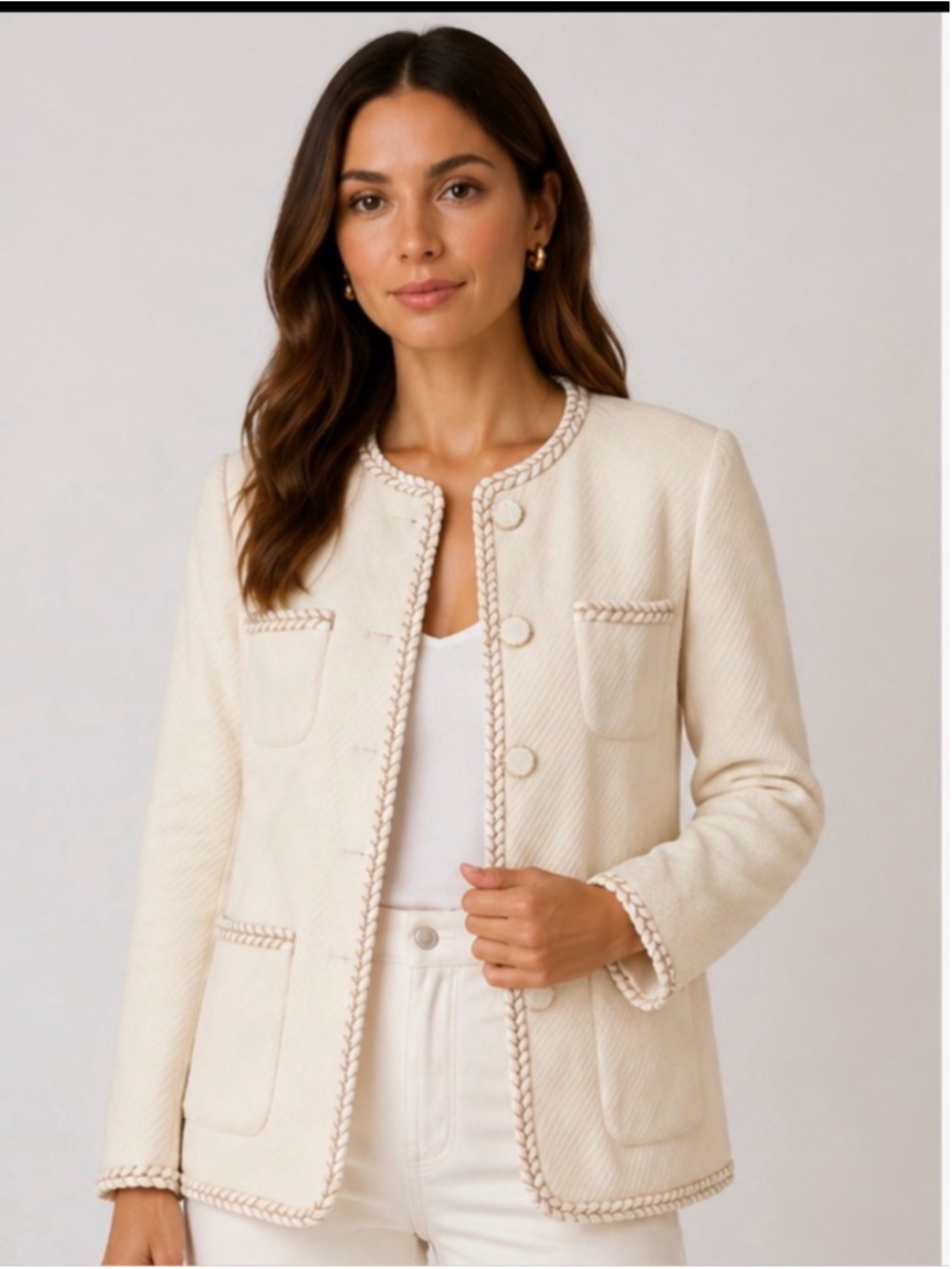 Wanger Cream Textured Jacket Small Braided Trim Button Front